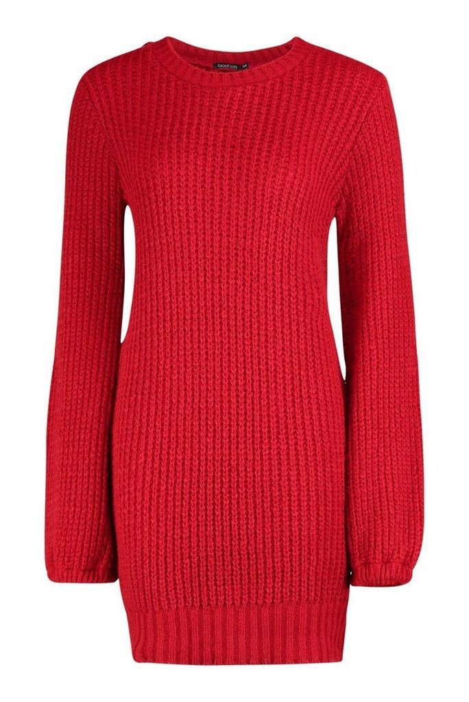 Womens Rib Detail Blouson Sleeve Jumper Dress - red - L, Red