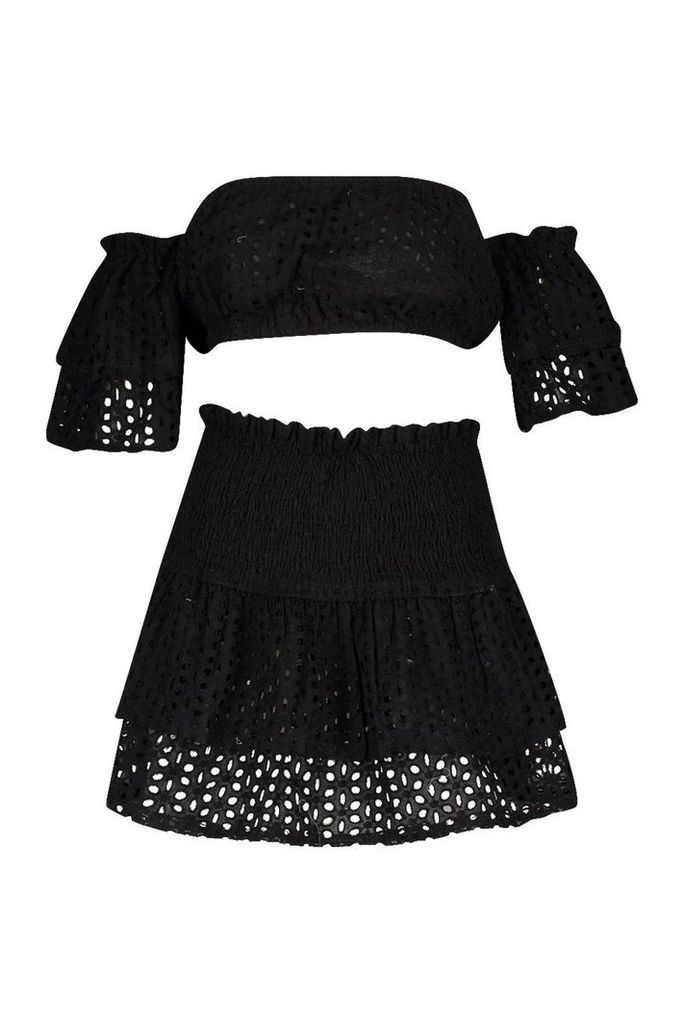 Womens Broderie Ruffle Sleeve Bardot & Mini Skirt Co-ord - black - 14, Black