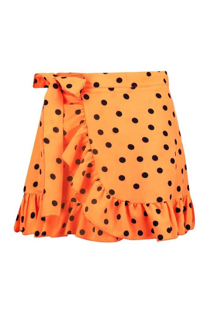 Womens Polka Dot Wrap Ruffle Mini Skirt - orange - 10, Orange