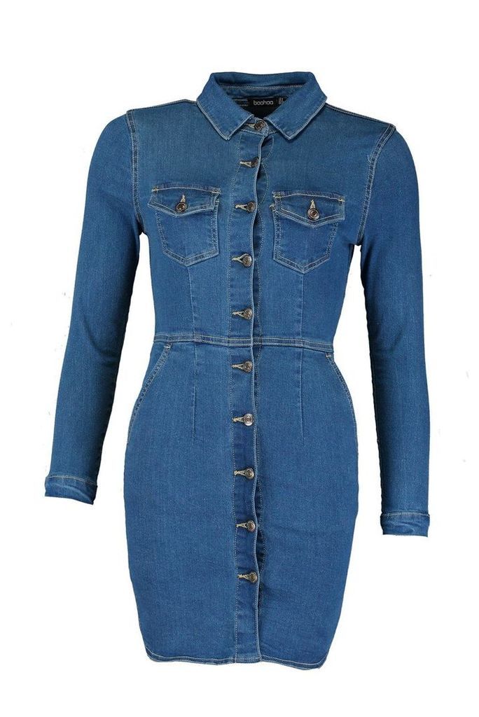Womens Long Sleeve Button Front Denim Mini - blue - 12, Blue