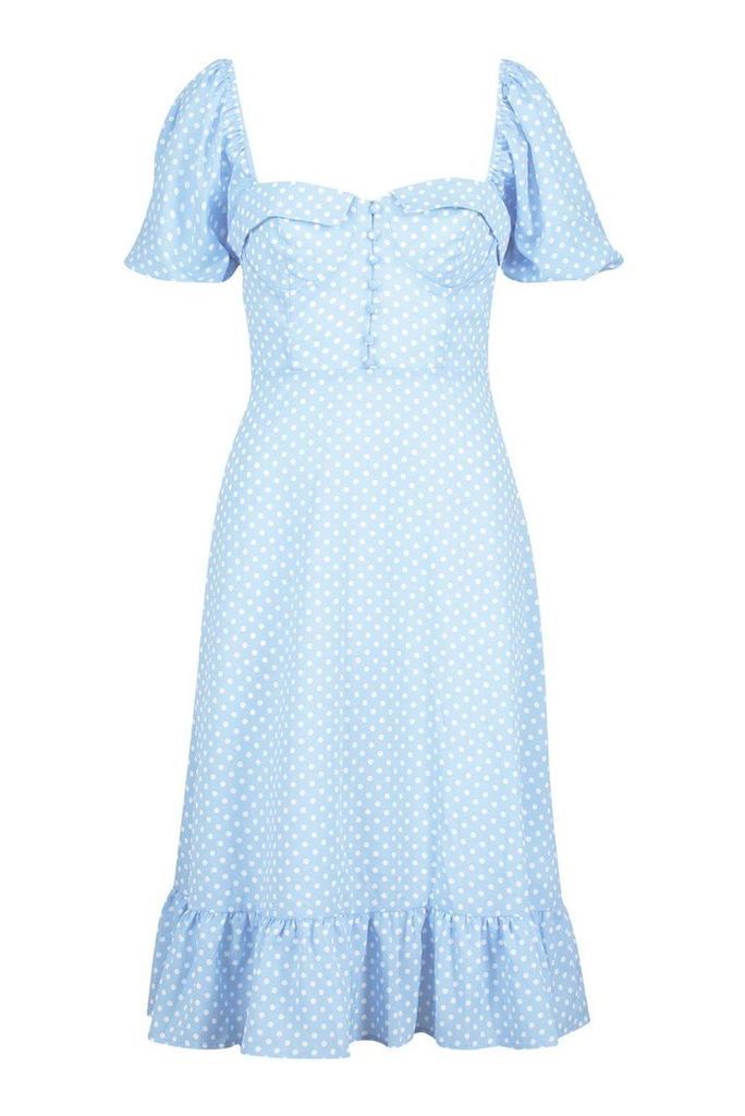 Womens Puff Sleeve Bustier Ruffle Hem Polka Dot Midi Dress - blue - 14, Blue