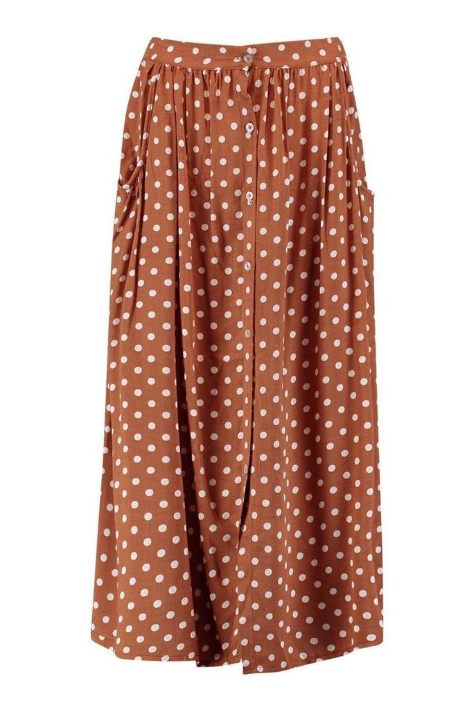 Womens Polka Dot Button Through Midi Skirt - brown - 12, Brown