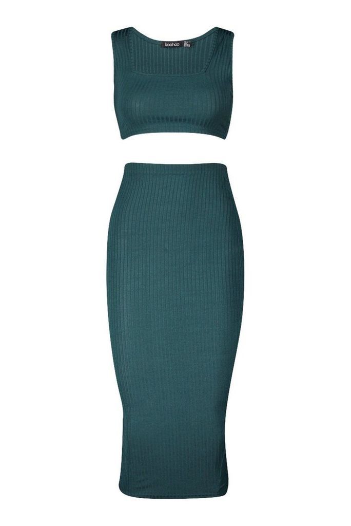 Womens Jumbo Rib Square Neck Bralet&Midi Skirt Co-Ord Set - Green - 12, Green