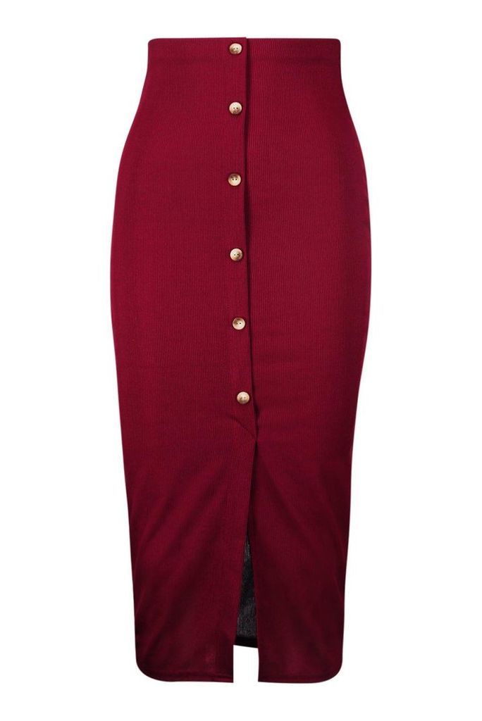 Womens Ribbed Mock Horn Button Through Midaxi Skirt - red - 6, Red