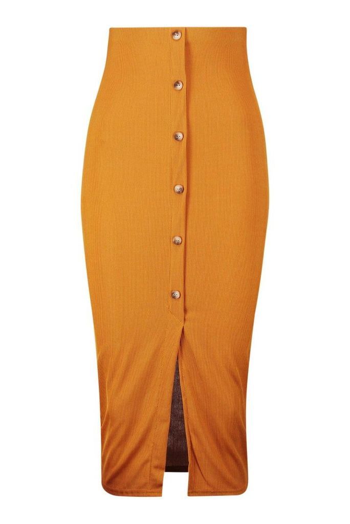 Womens Ribbed Mock Horn Button Through Midaxi Skirt - Yellow - 14, Yellow