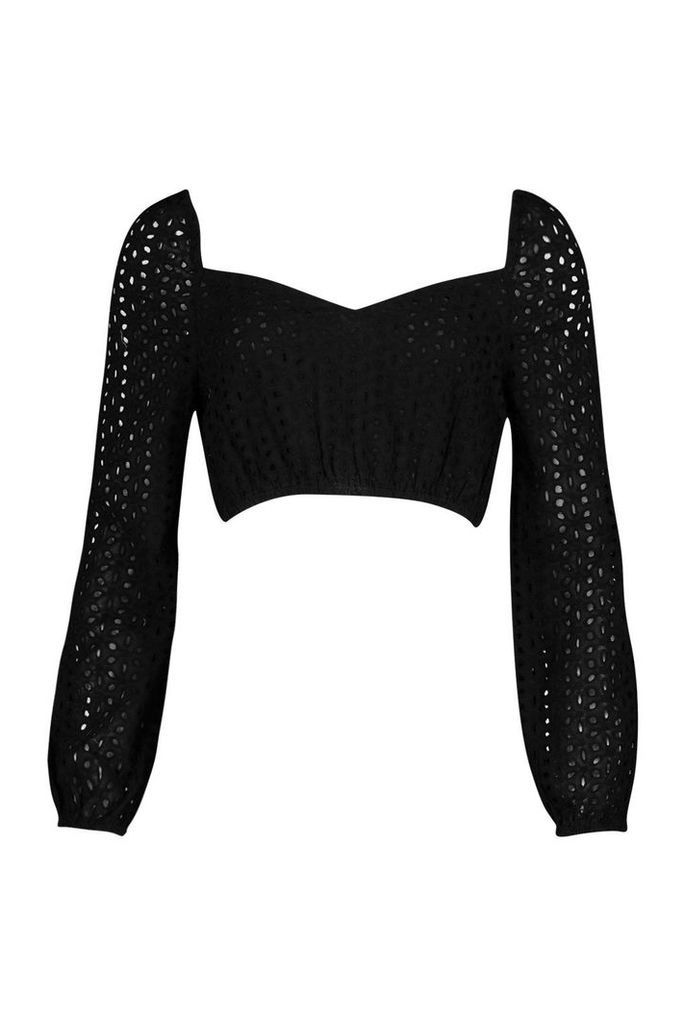 Womens Broderie Anglaise Square Neck Top - black - 8, Black