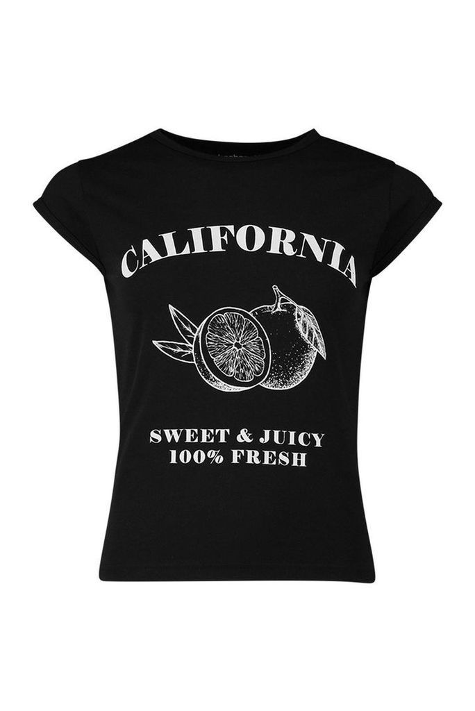 Womens Fruit Print Cap Sleeve T-Shirt - black - 6, Black