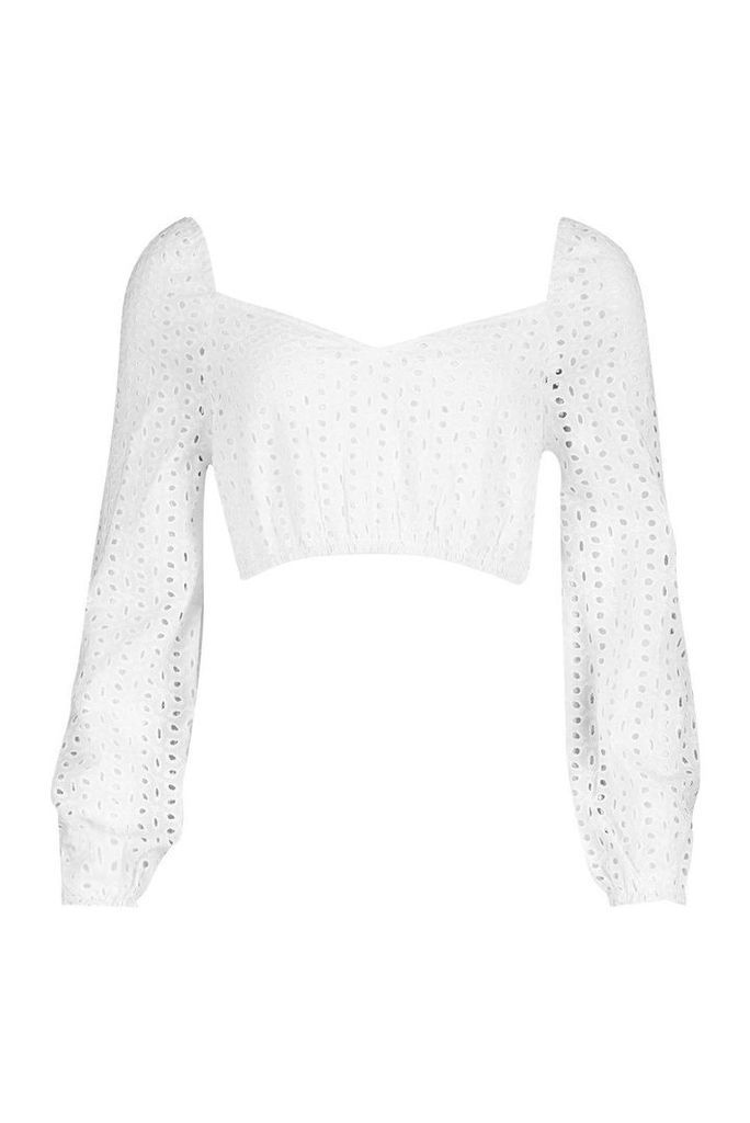 Womens Broderie Anglaise Square Neck Top - white - 12, White