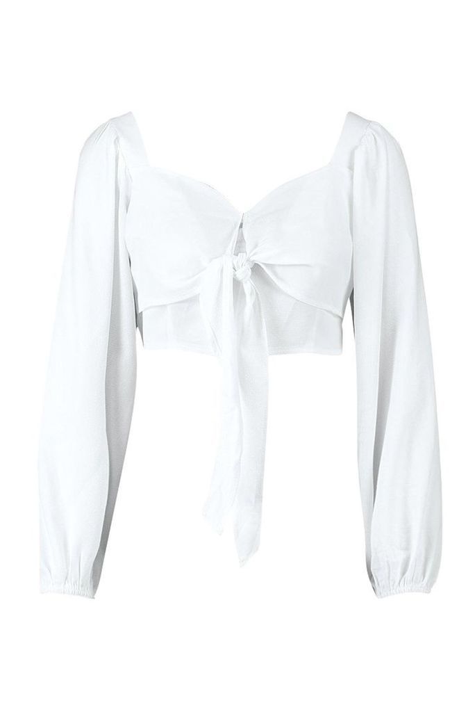 Womens Tie Front Volume Sleeve Top - white - 14, White