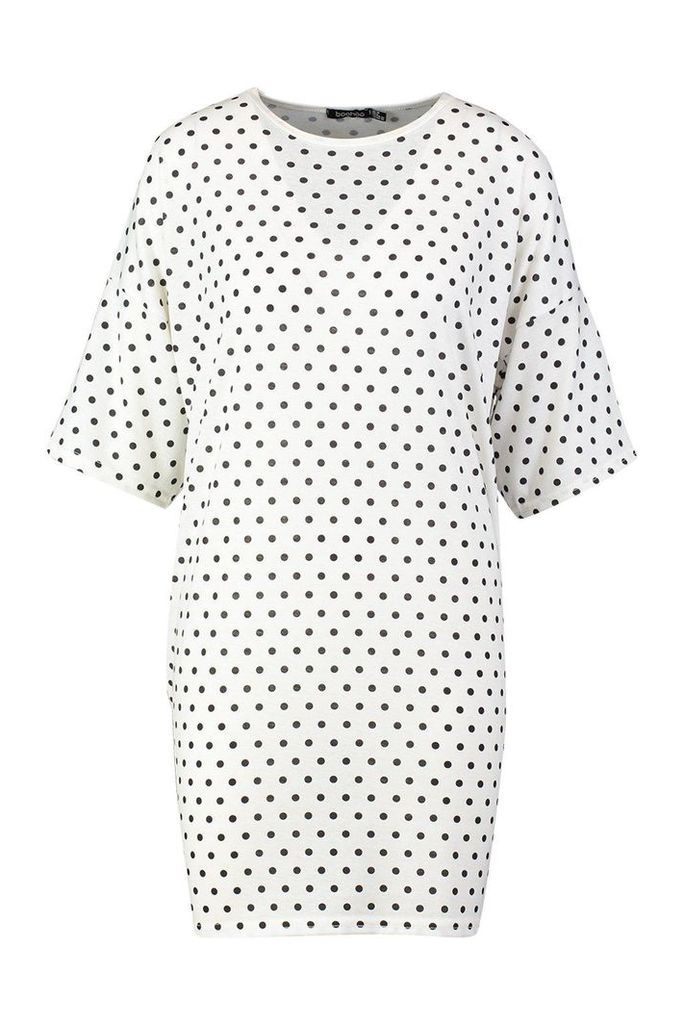 Womens Polka Dot Oversized Drop Shoulder T-Shirt Dress - white - 10, White