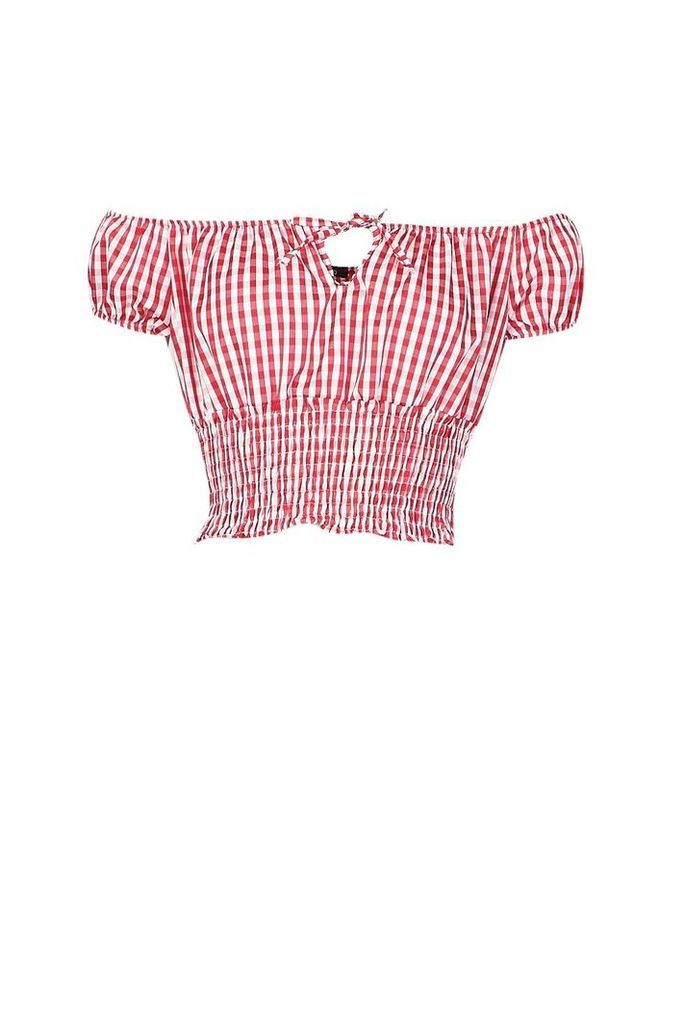 Womens Woven Ruched Waist Gingham Off Shoulder Top - red - 12, Red