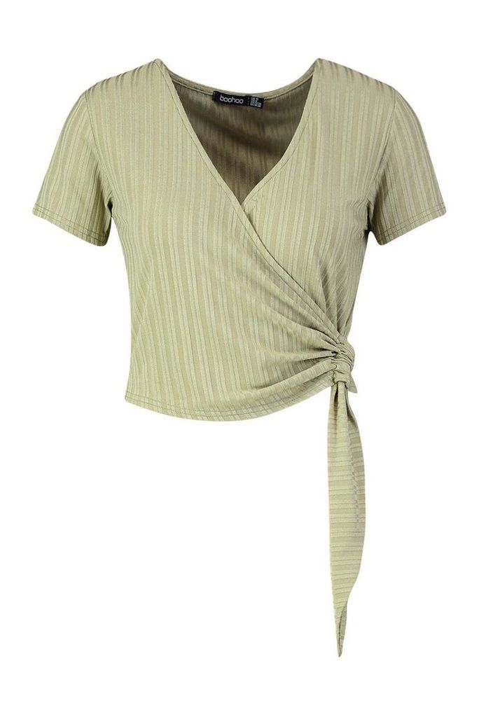 Womens Recycled Ribbed Wrap Tie Detail Top - green - 22, Green