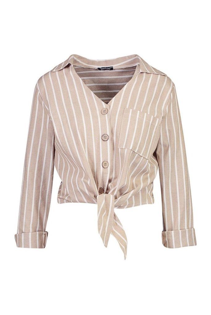 Womens Stripe Linen Tie Front Shirt - beige - 14, Beige
