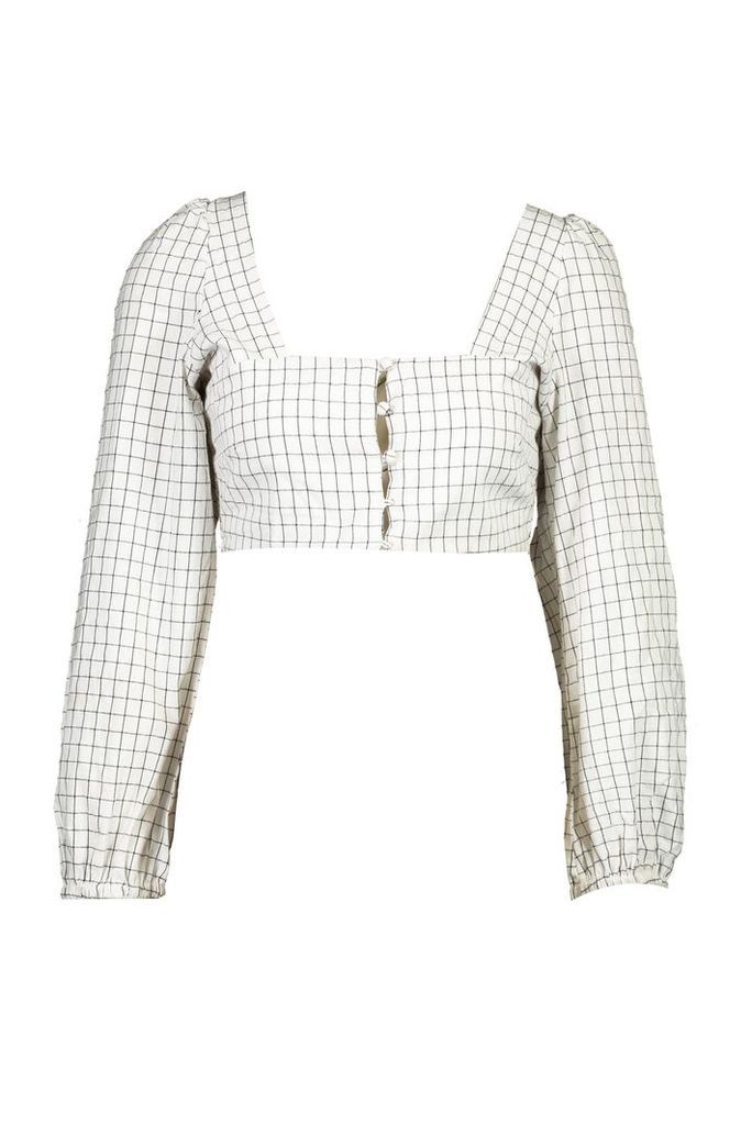 Womens Check Tie Front Blouson Sleeve Crop Top - white - 10, White