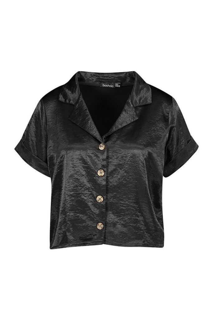 Womens Hammered Satin Horn Button Shirt - black - 6, Black