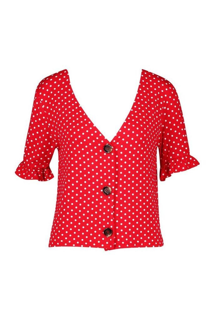 Womens Polka Dot Ruffle Sleeve Top - Red - 14, Red
