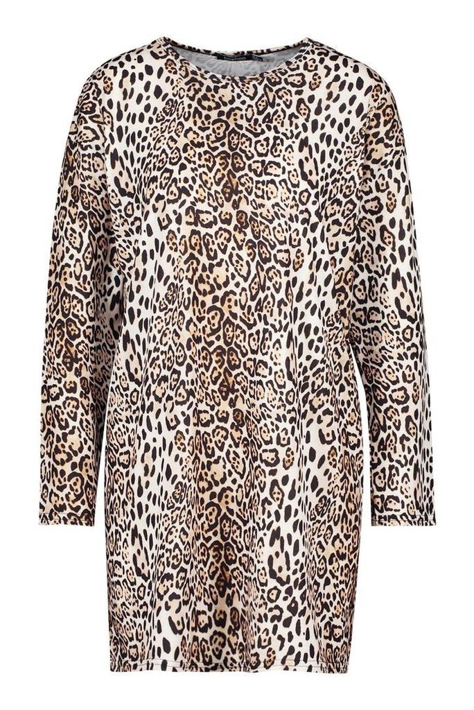 Womens Leopard Longsleeve T-Shirt Dress - brown - 10, Brown