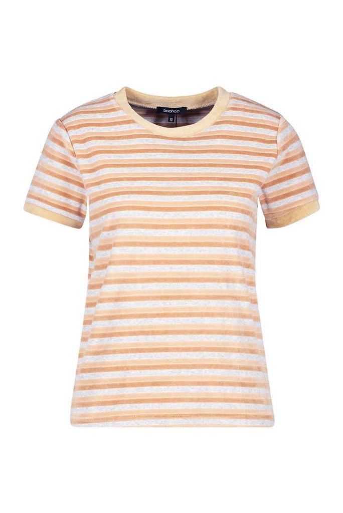 Womens Velour Stripe Ringer T-Shirt - beige - 14, Beige