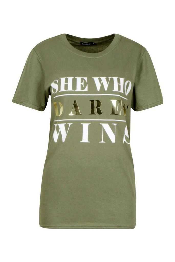 Womens Large She Who Dares Wins Foil Print T-Shirt - green - M, Green