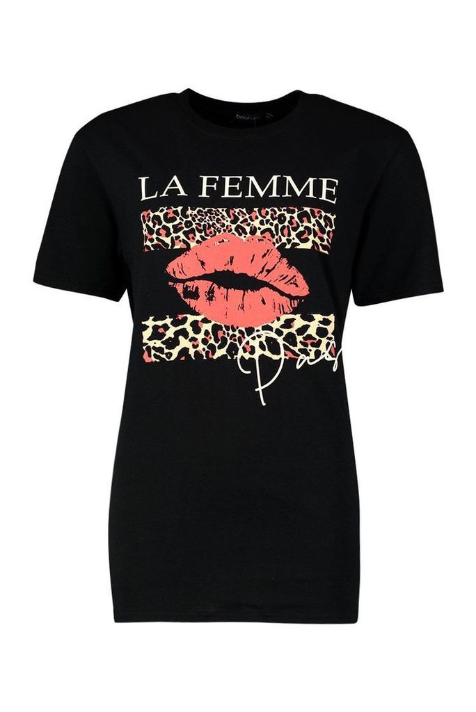 Womens French Slogan Lips T-Shirt - black - M, Black