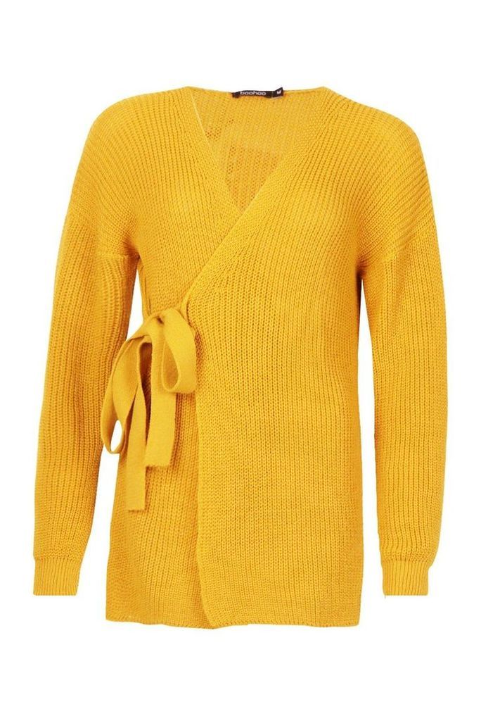 Womens Knitted Side Tie Cardigan - yellow - 10, Yellow