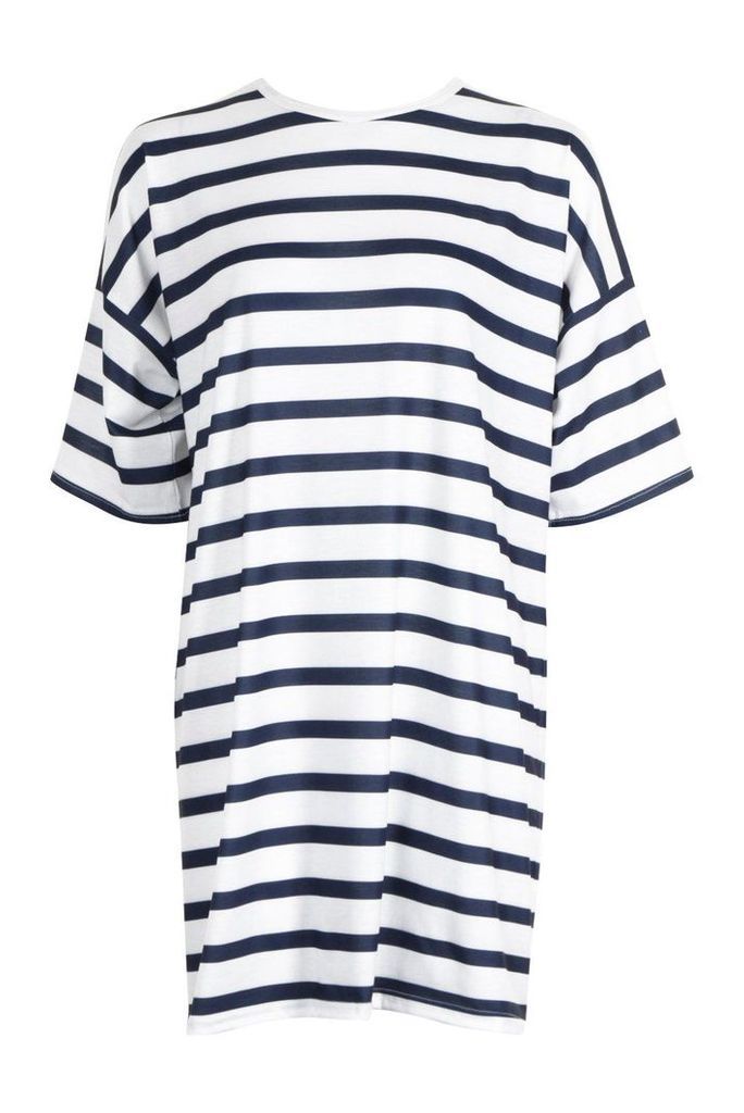 Womens Stripe Drop Shoulder Oversized T-Shirt Dress - navy - 10, Navy