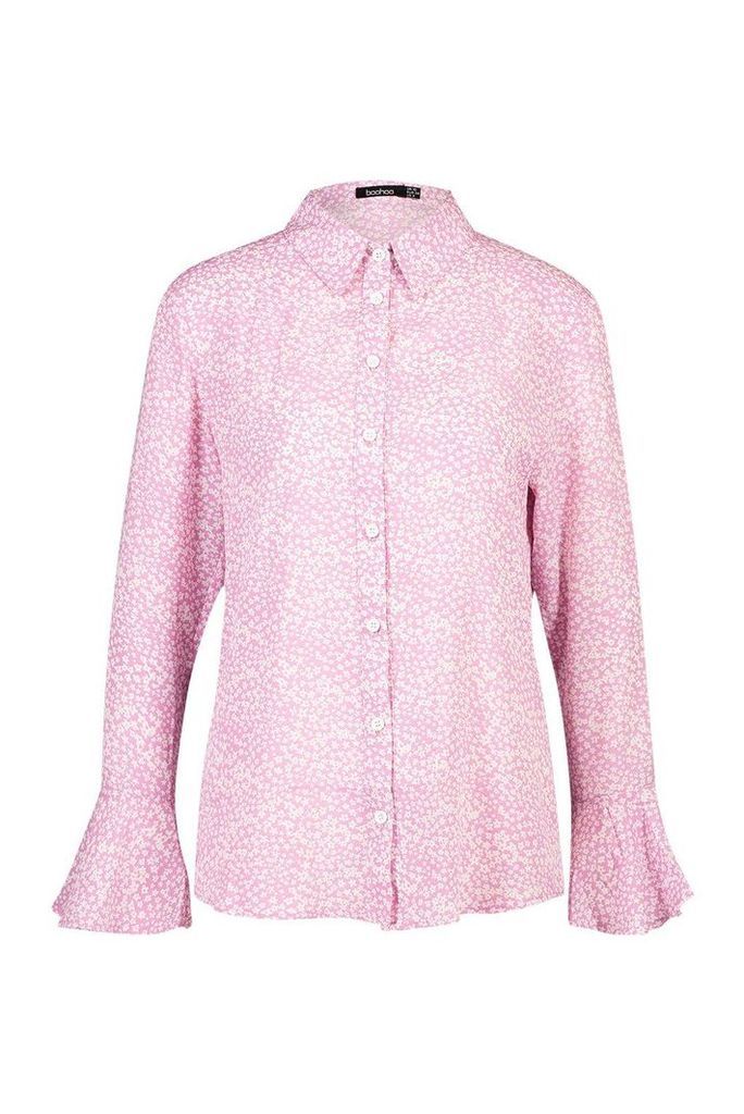 Womens Woven Ditsy Print Floral Cuff Shirt - Pink - 10, Pink
