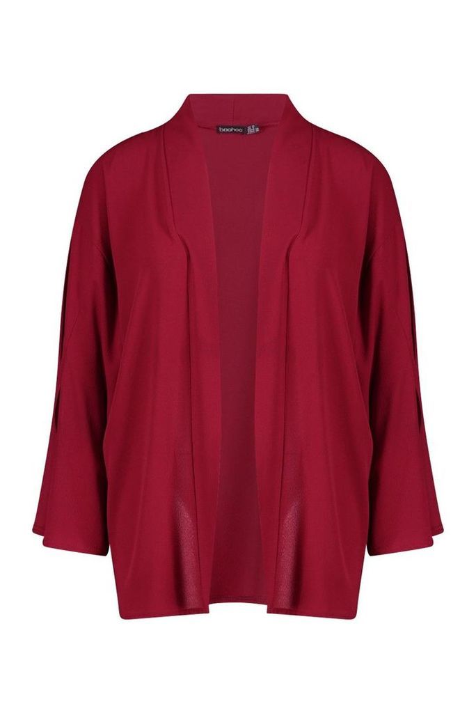 Womens Split Sleeve Belted Kimono - red - 6, Red