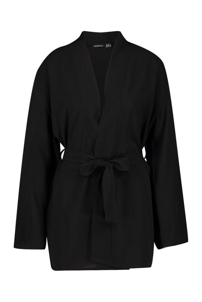 Womens Split Sleeve Belted Kimono - black - 8, Black
