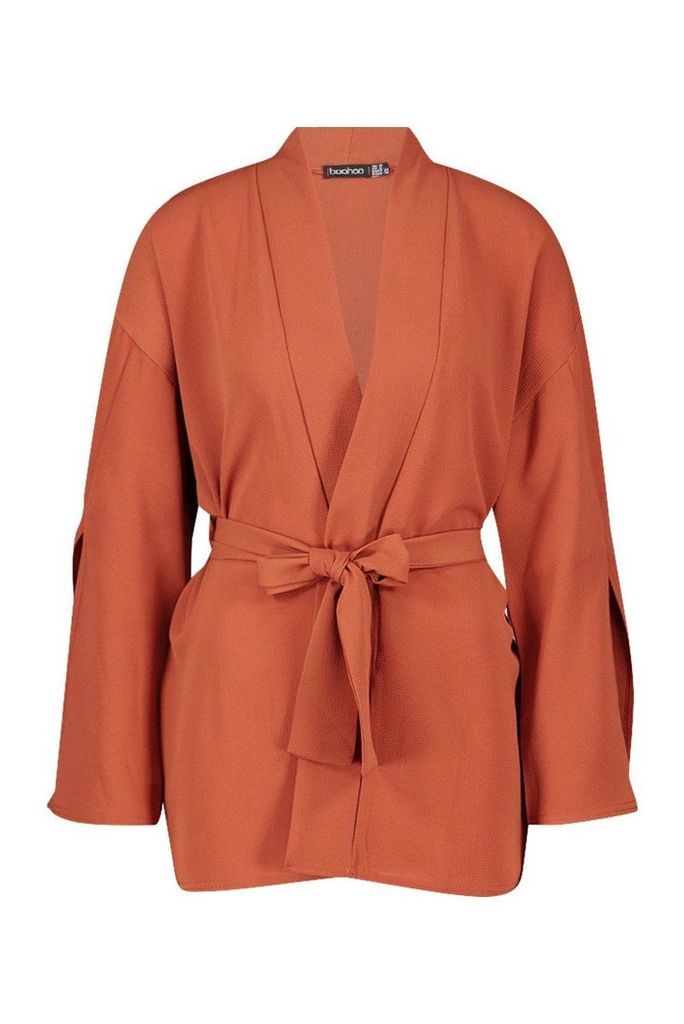 Womens Split Sleeve Belted Kimono - orange - 10, Orange