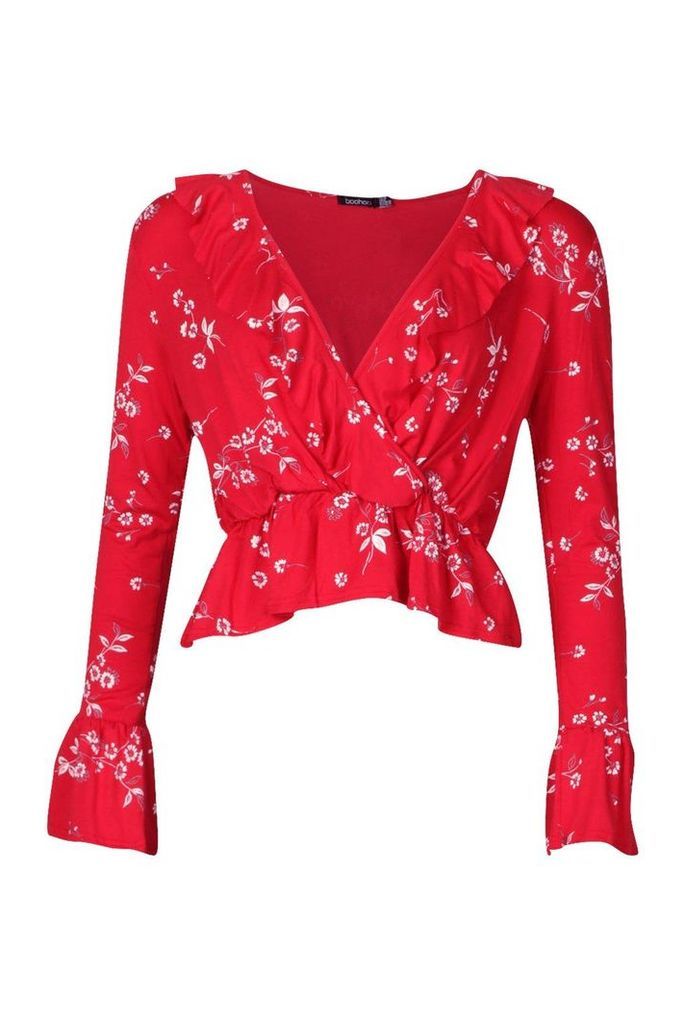 Womens Floral Print Wrap Over Top - red - 14, Red