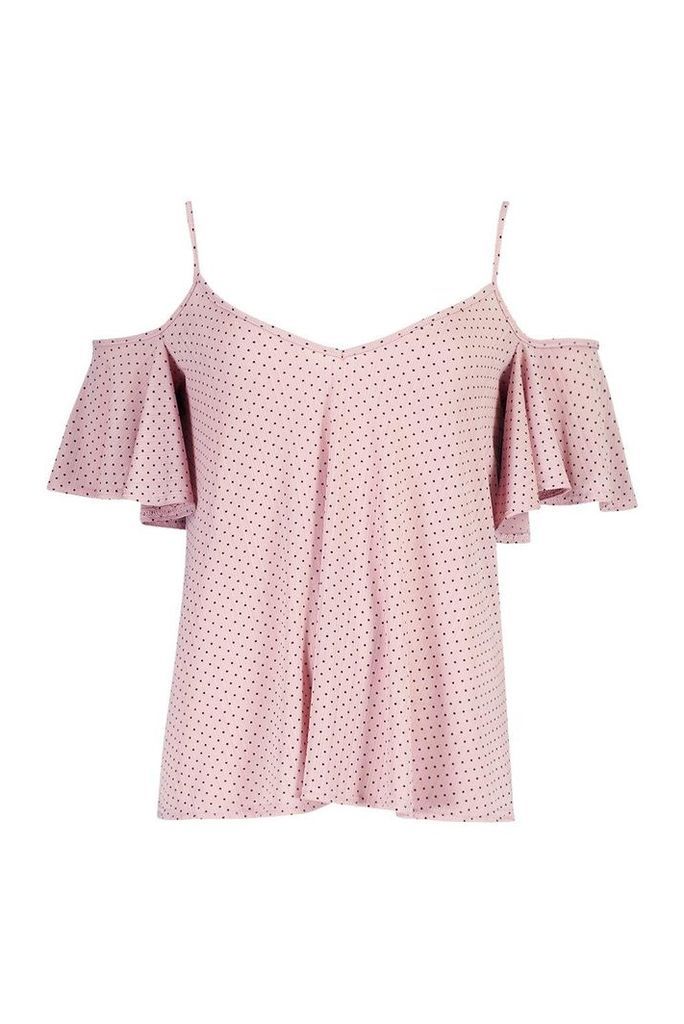 Womens Polka Dot Cold Shoulder Pleated Cami - pink - 6, Pink