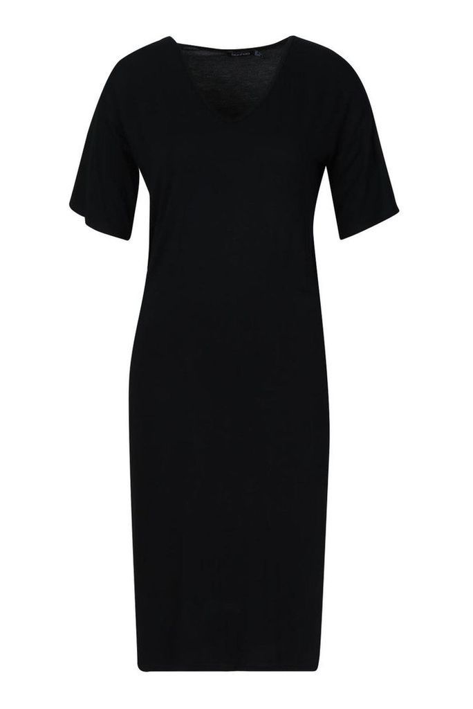 Womens V Neck Split Midi T-Shirt Dress - black - 14, Black