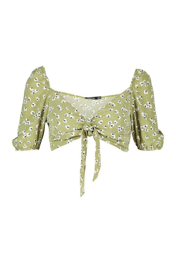 Womens Floral Peasant Sleeve Tie Front Bralet - green - 14, Green