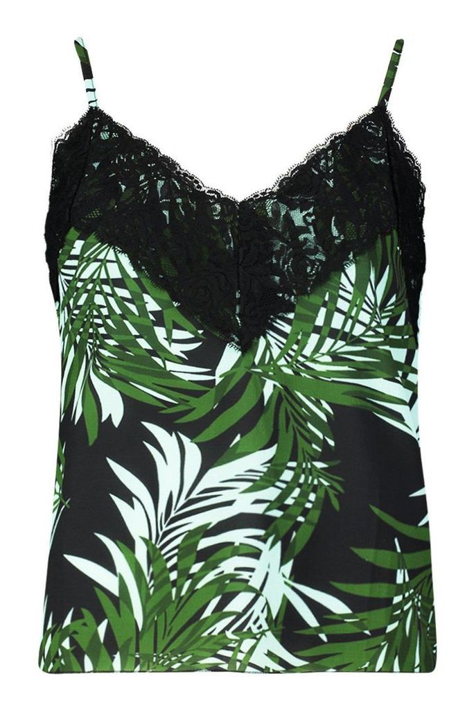 Womens Palm Print Lace Trim Cami - Green - 8, Green