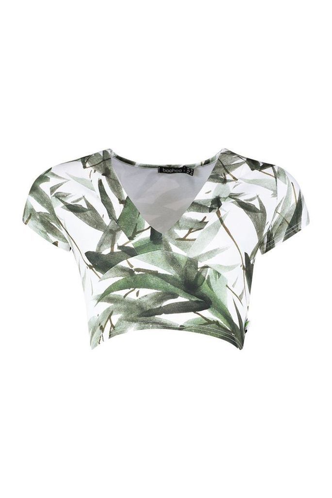 Womens Recycled Green Leaf Deep V Crop Top - 10, Green