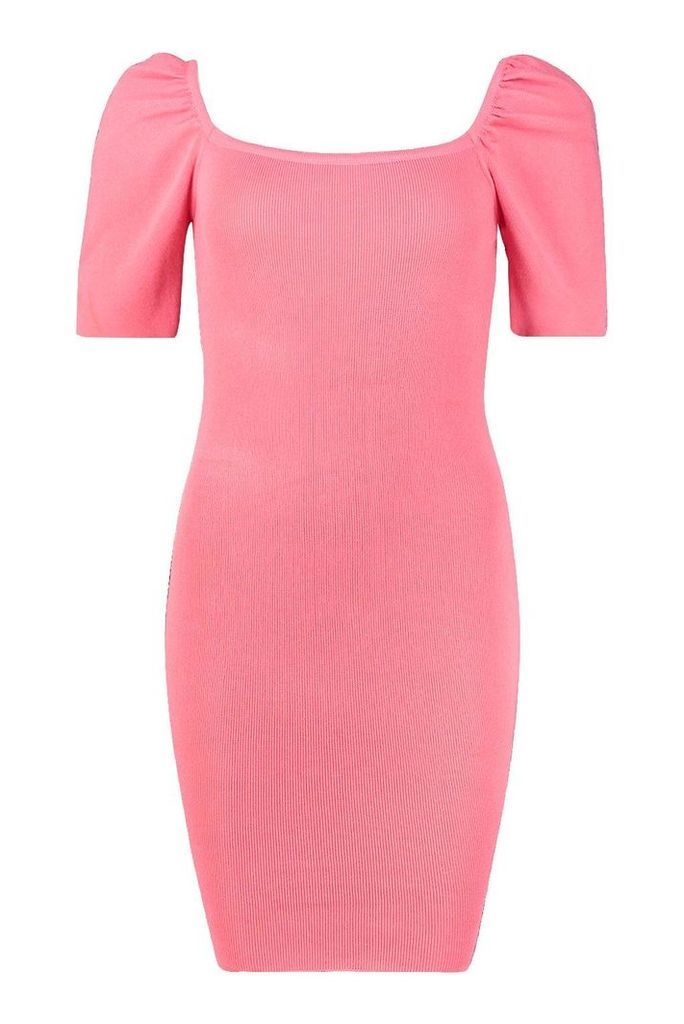 Womens Puff Sleeve Square Neck Knitted Dress - Pink - One Size, Pink