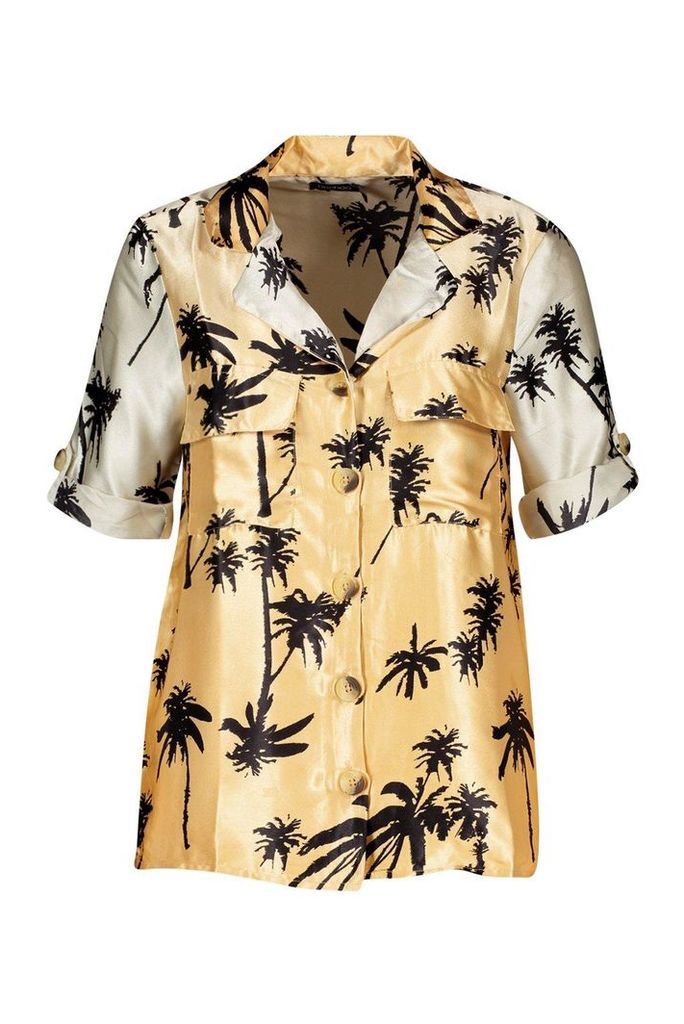 Womens Palm Print Utility Short Sleeve Shirt - brown - 10, Brown