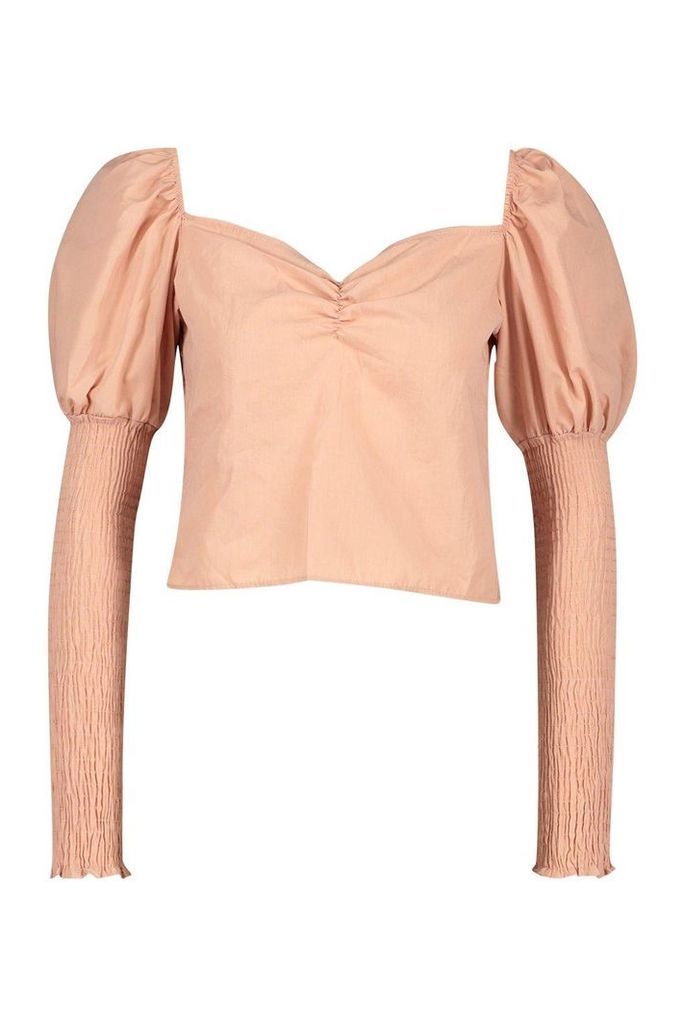 Womens Woven Square Neck Puff Sleeve Blouse - pink - L, Pink