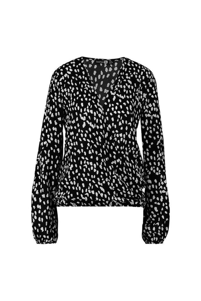 Womens Tall Dalmatian Print Wrap Blouse - black - 8, Black