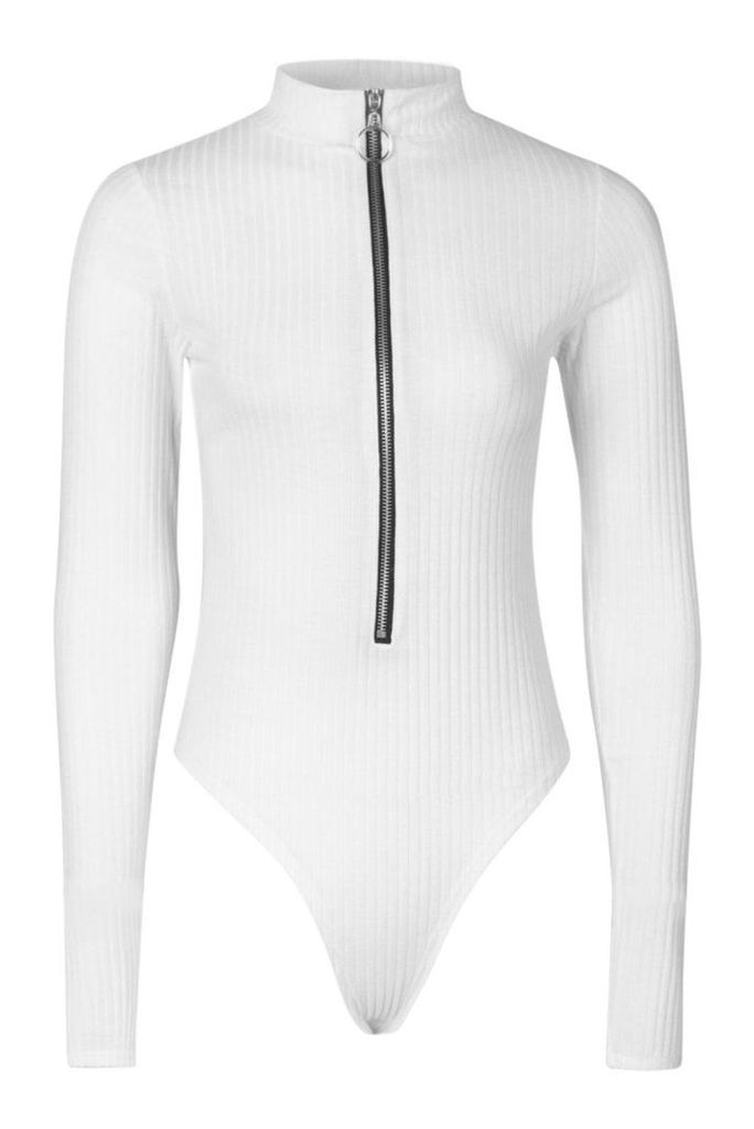 Womens Tall Long Sleeve Zip Front Knitted Rib Bodysuit - white - 16, White