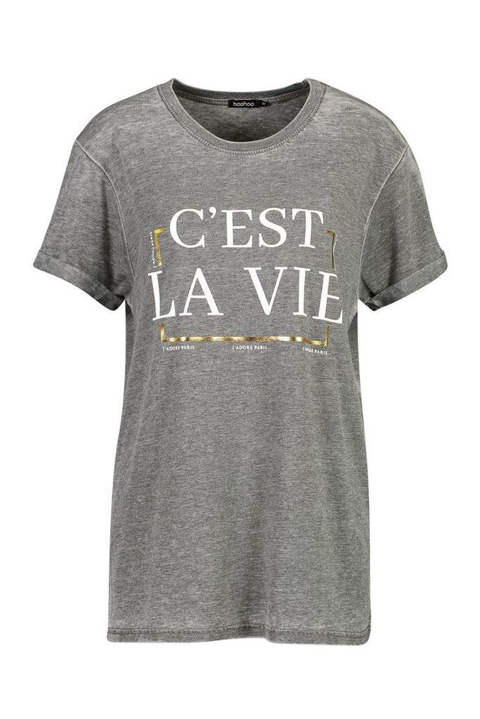 Womens Acid Wash French Slogan Foil Print T-Shirt - grey - L, Grey