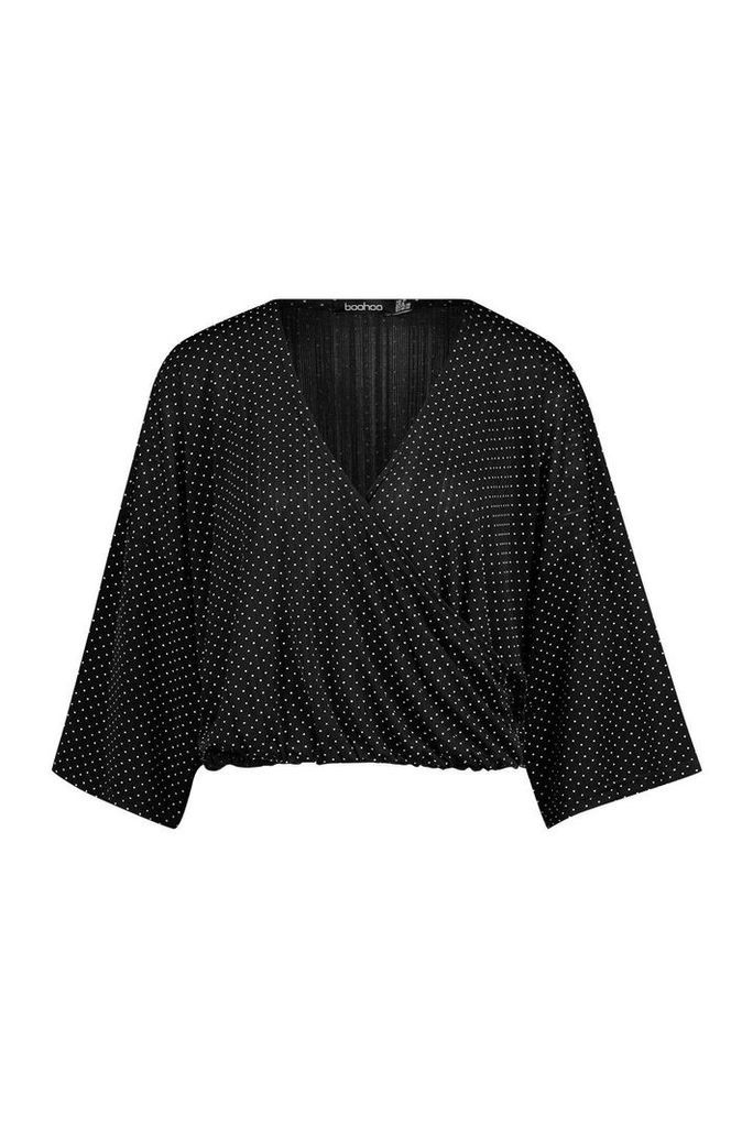 Womens Pleated Polka Dot Kimono Sleeve Wrap Top - black - 6, Black
