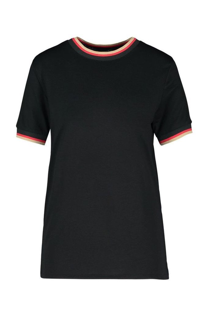Womens Striped Neck & Cuff Rib T-Shirt - black - S, Black