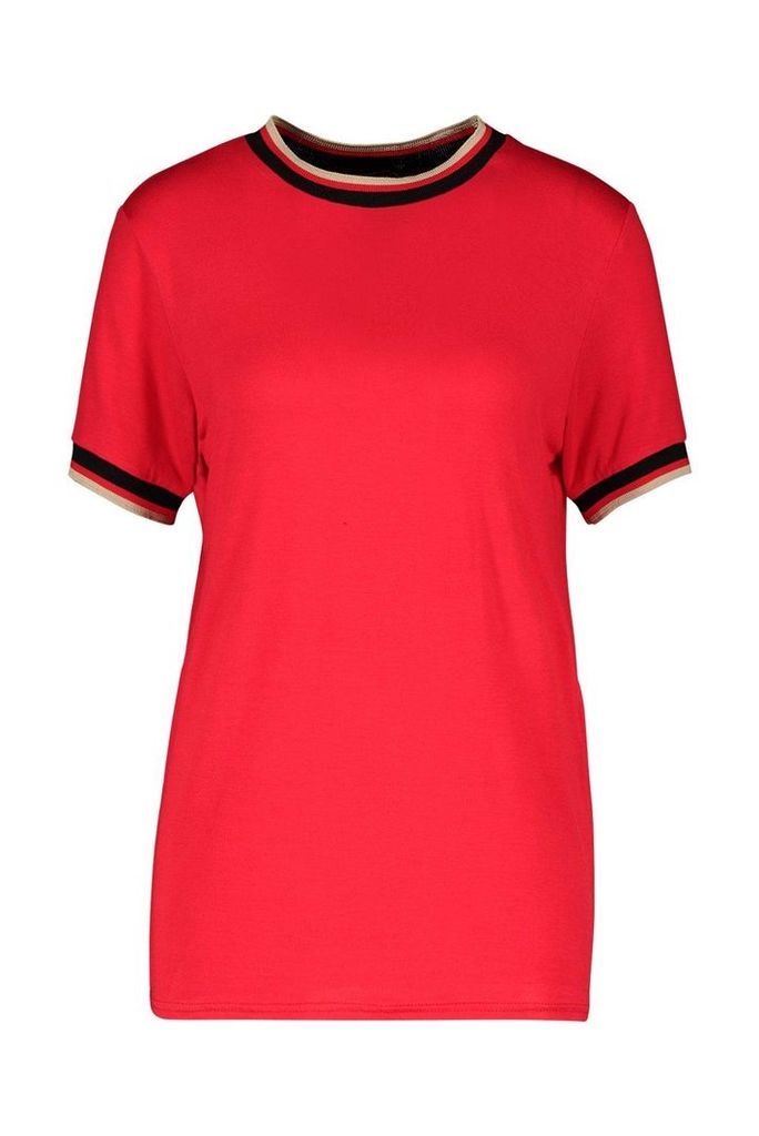 Womens Striped Neck & Cuff Rib T-Shirt - red - M, Red