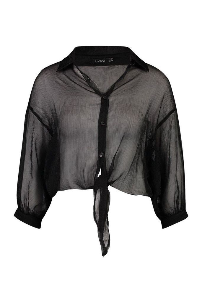 Womens Woven Sheer Tie Front Shirt - black - 8, Black