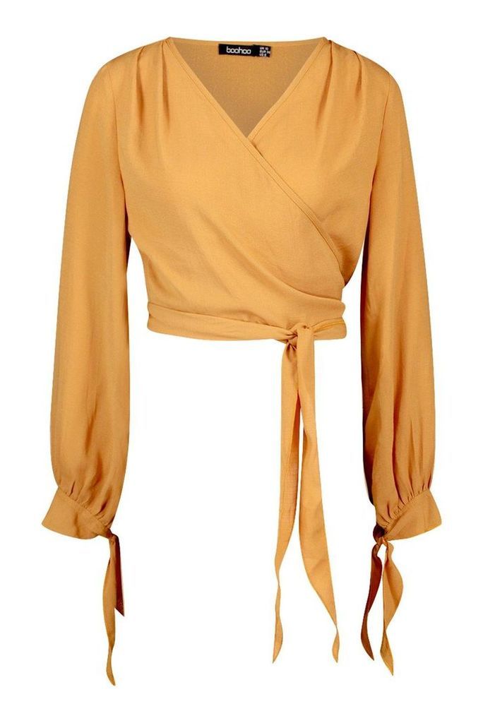 Womens Woven Wrap Tie Cuff Blouse - Orange - 10, Orange