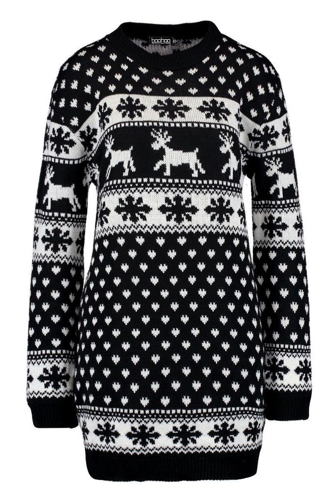 Womens Tall Reindeers & Snowman Christmas Jumper Dress - black - S/M, Black