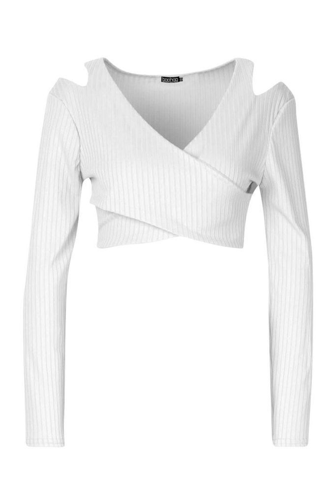 Womens Cold Shoulder Ribbed Wrap Top - white - 14, White