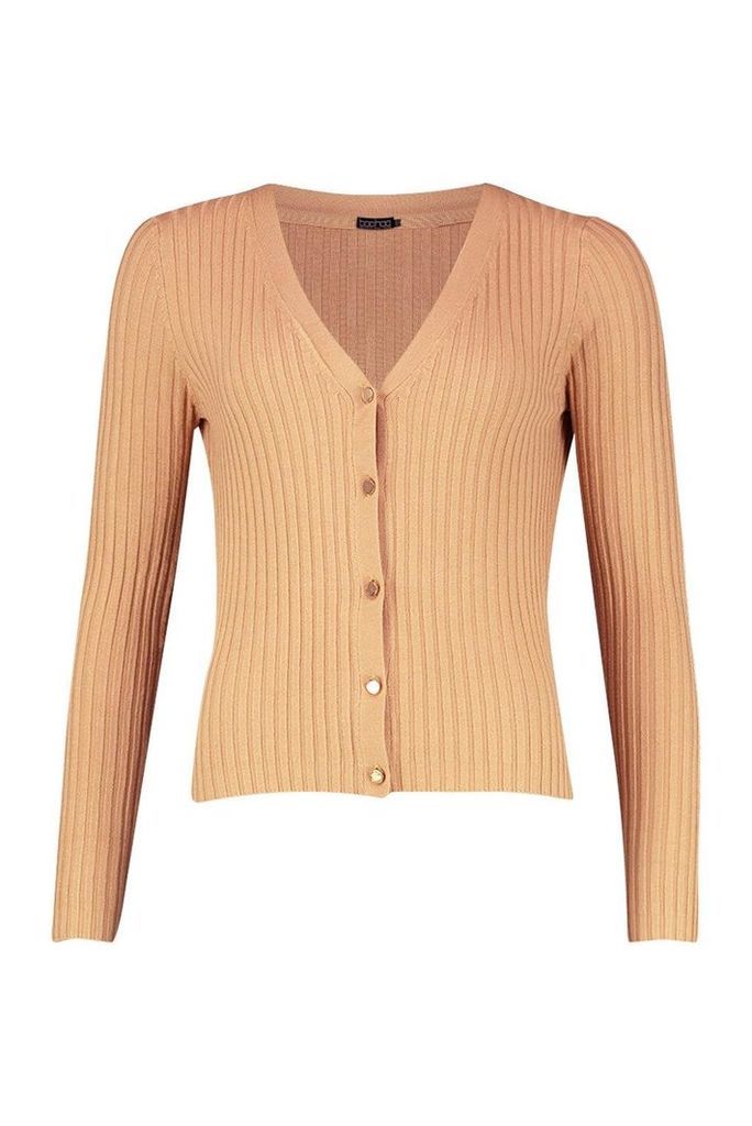 Womens Rib Knit Button Through Cardigan - beige - XS, Beige